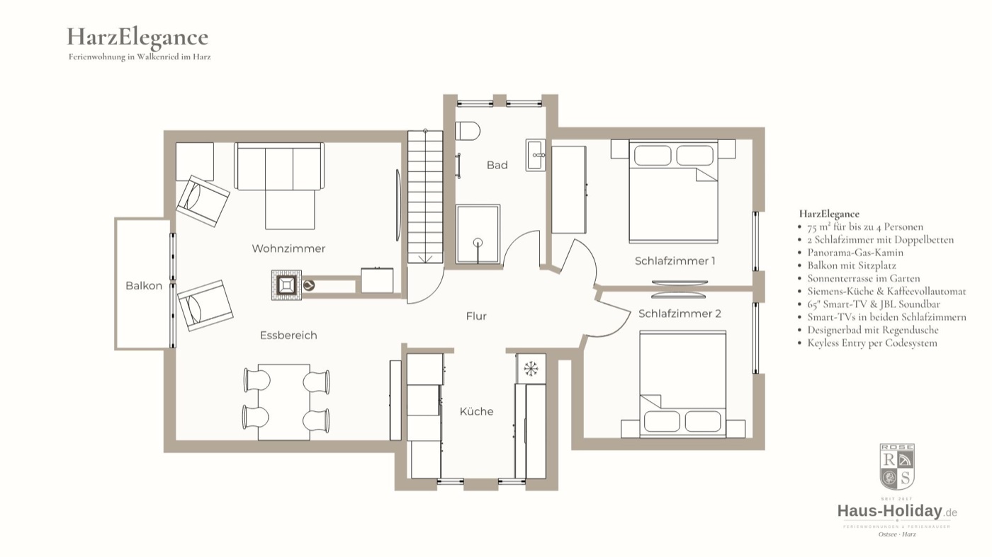 Grundriss HarzElegance Walkenried – Ferienwohnung 75 m², 2 Schlafzimmer
